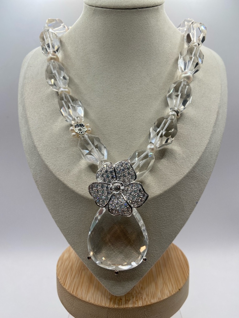 Sterling Silver 925 Clear Rock Crystal Quartz Pearl Bead Necklace With Enhancer